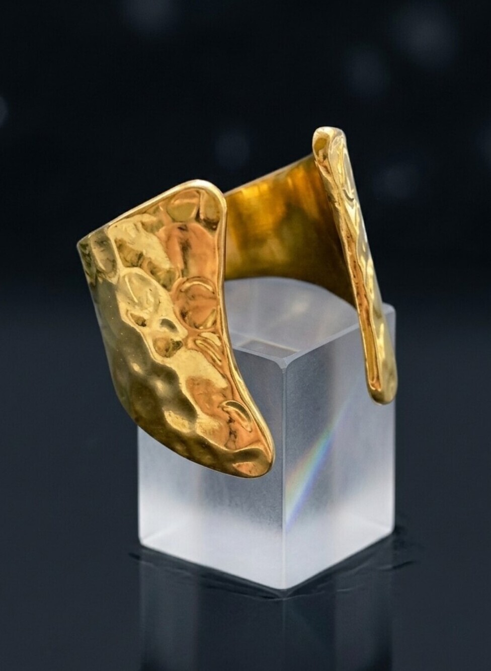 18K Gold Plated Wide Hammered Cigar Band Ring Size 6 Adjustable Non-Tarnish Boho